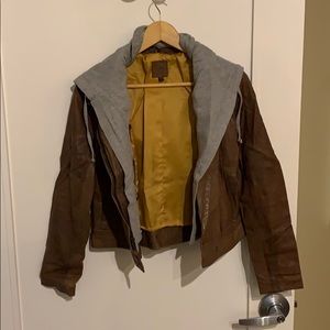 Brown Gap leather jacket with hoodie cotton liner